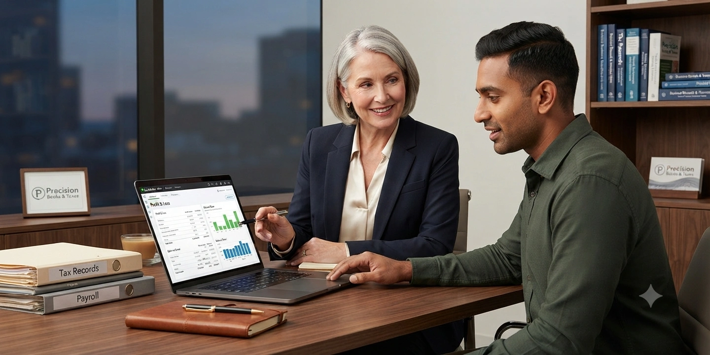Bookkeeper working at desk with calculator and laptop